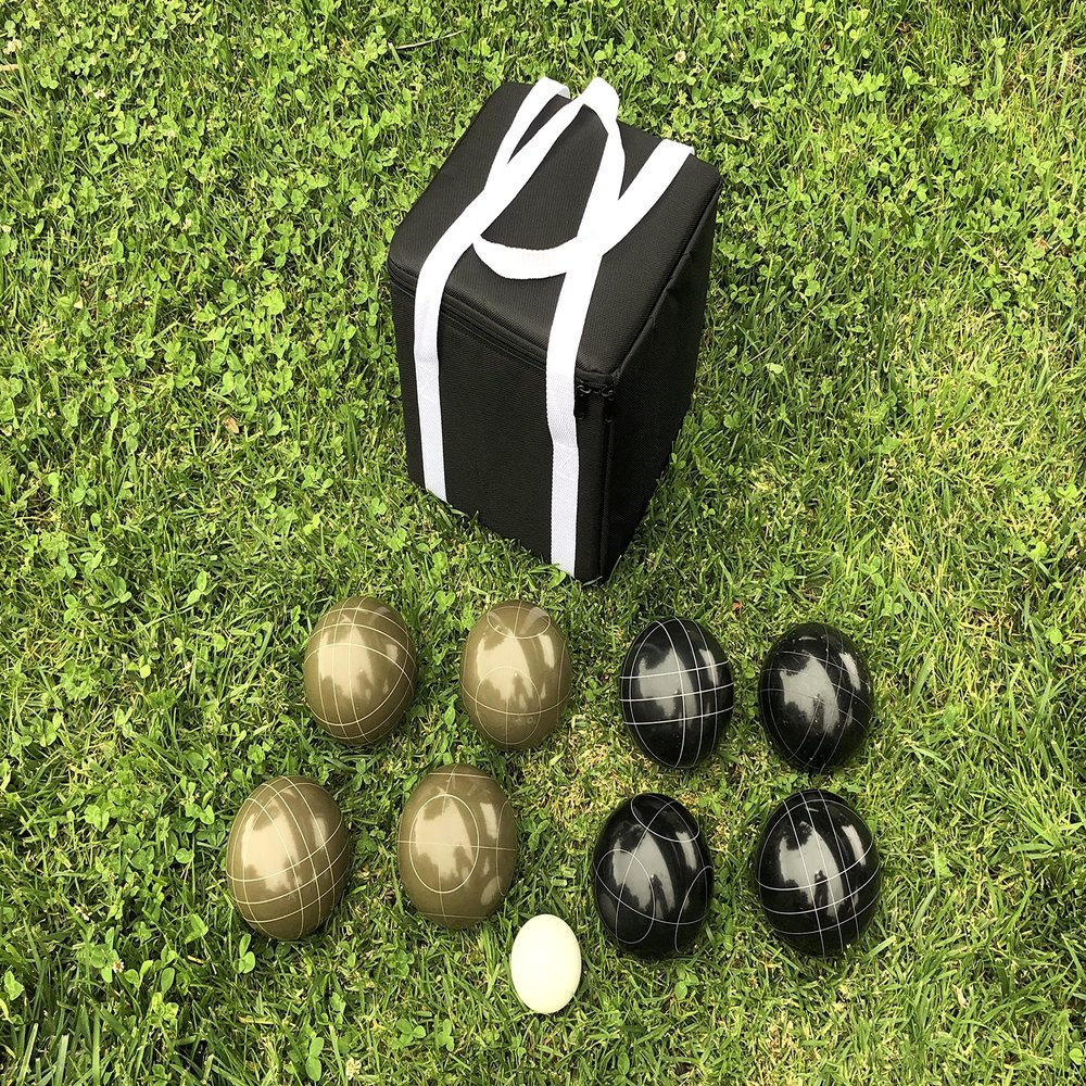 BuyBocceBalls Listing - Unique Bocce Set - 107mm with Olive Brown and Black Balls, Black Bag