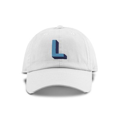 Monogram Initial Modern Shadow Letter Baseball Cap - Toddler, Youth Kids, and Adult Adjustable White Hat with Blue Letter (2-5 Toddler Size, L)