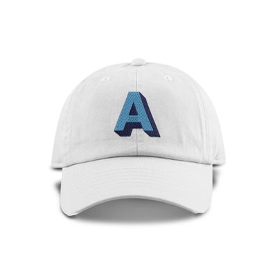 Monogram Initial Modern Shadow Letter Baseball Cap - Toddler, Youth Kids, and Adult Adjustable White Hat with Blue Letter (6-9 Youth Size, A)