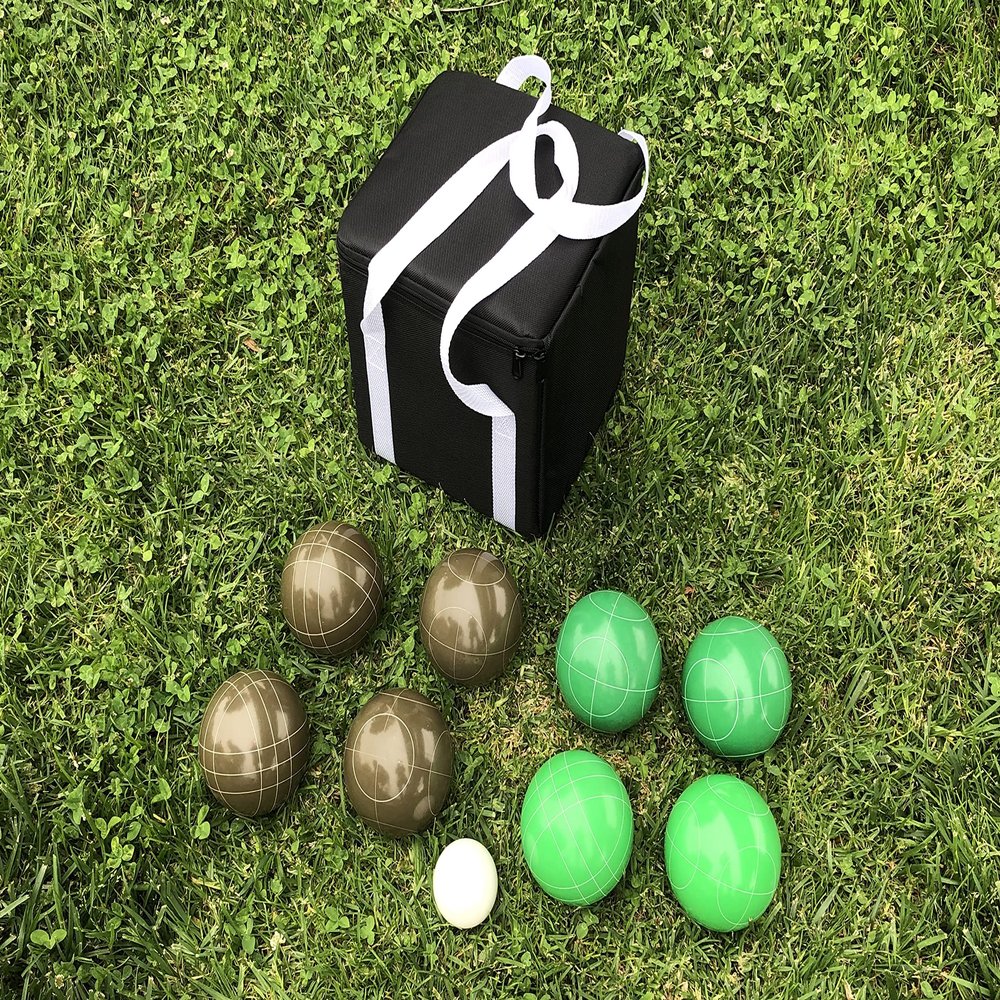 BuyBocceBalls Listing - Unique Bocce Set - 107mm with Olive Brown and Green Balls, Black Bag