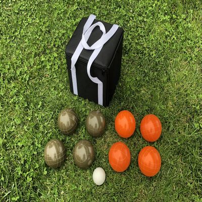 BuyBocceBalls Listing - Unique Bocce Set - 107mm with Olive Brown and Orange Balls, Black Bag