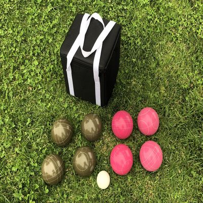 BuyBocceBalls Listing - Unique Bocce Set - 107mm with Olive Brown and Pink Balls, Black Bag