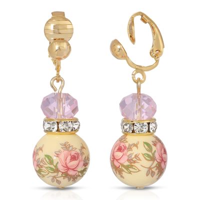 1928 Jewelry Pink Floral Decal Beaded Clip On Earrings For Women, Non Piercing Ear Rings, Pierceless Snap On Made In USA