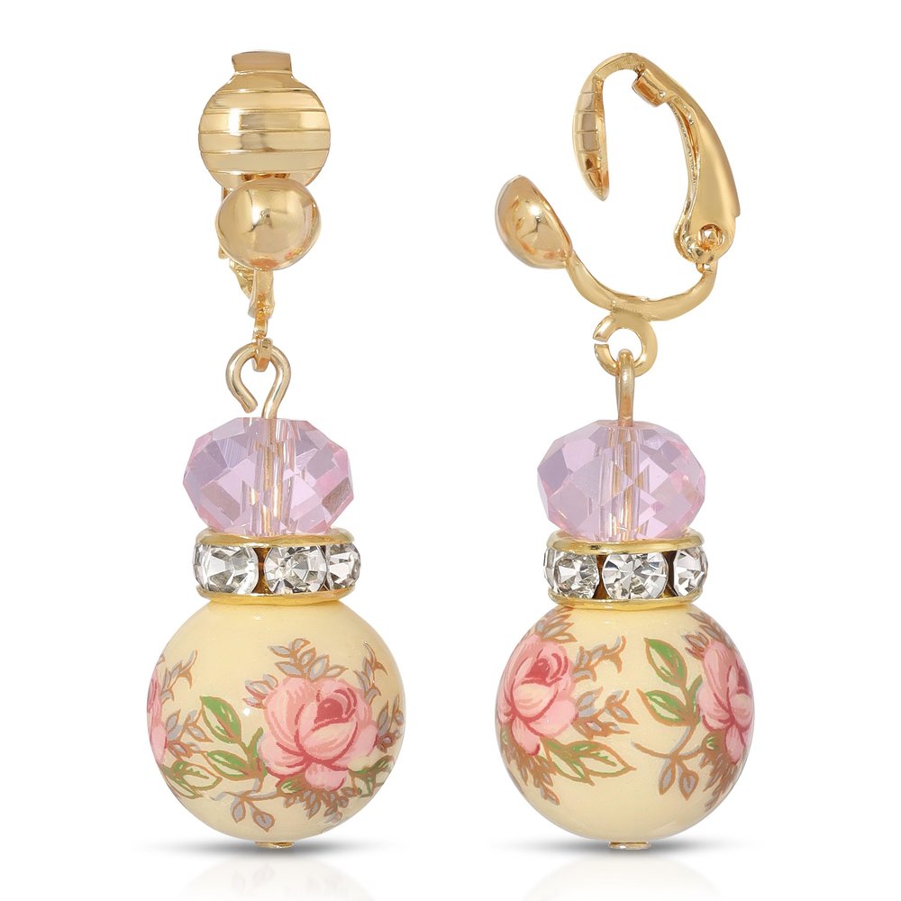 1928 Jewelry Pink Floral Decal Beaded Clip On Earrings For Women, Non Piercing Ear Rings, Pierceless Snap On Made In USA