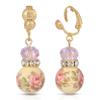 1928 Jewelry Pink Floral Decal Beaded Clip On Earrings For Women, Non Piercing Ear Rings, Pierceless Snap On Made In USA view 1