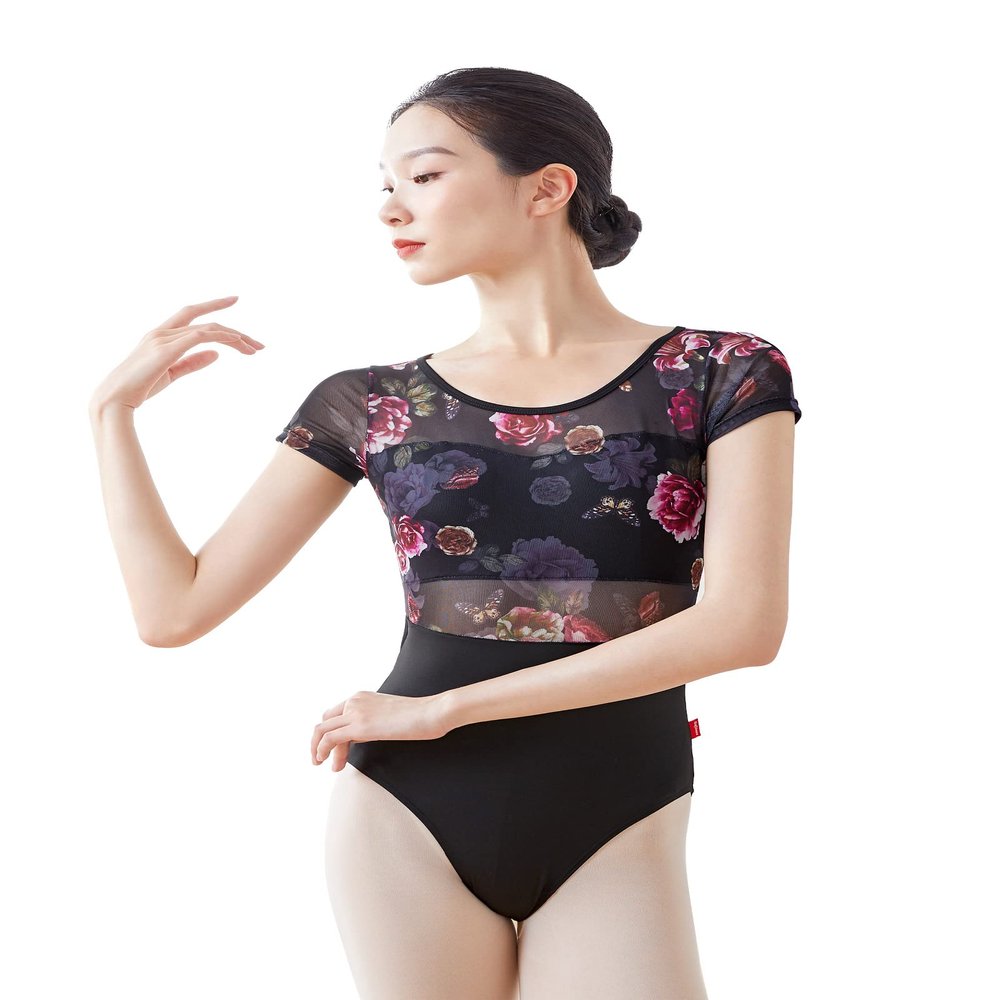Daydance Adult Black Ballet Leotards for Women, Flower Print Dance Bodysuit for Recitals