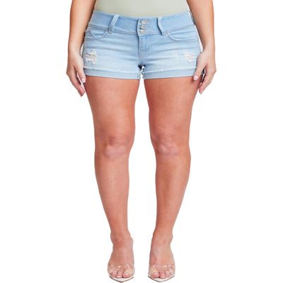 YMI Womens Junior Wannabettabutt 3-Button Mid-Rise Cuffed Hem Lightly Distressed Stretchy Denim Jean Shorts, Light Blue Rips, 13