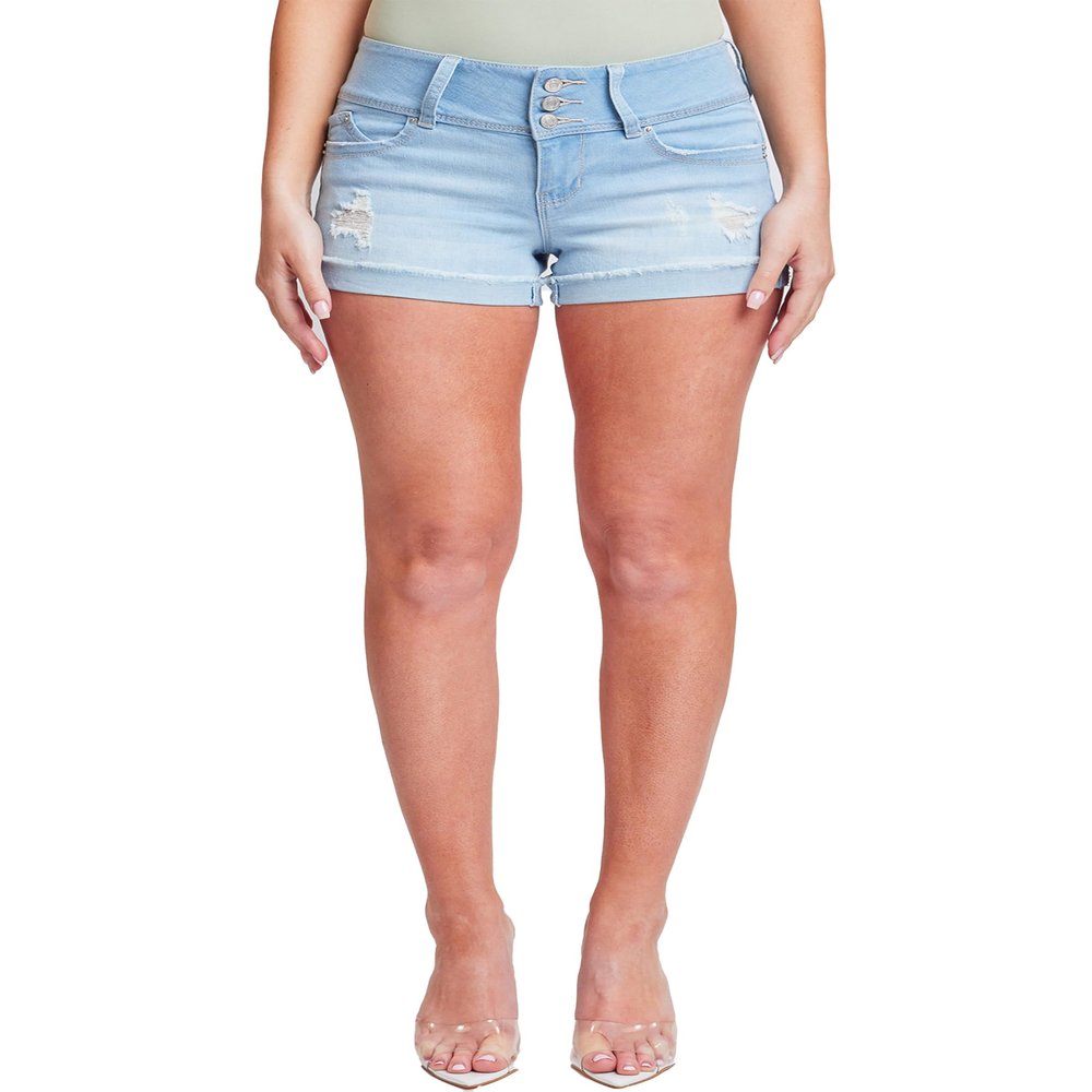 YMI Womens Junior Wannabettabutt 3-Button Mid-Rise Cuffed Hem Lightly Distressed Stretchy Denim Jean Shorts, Light Blue Rips, 13