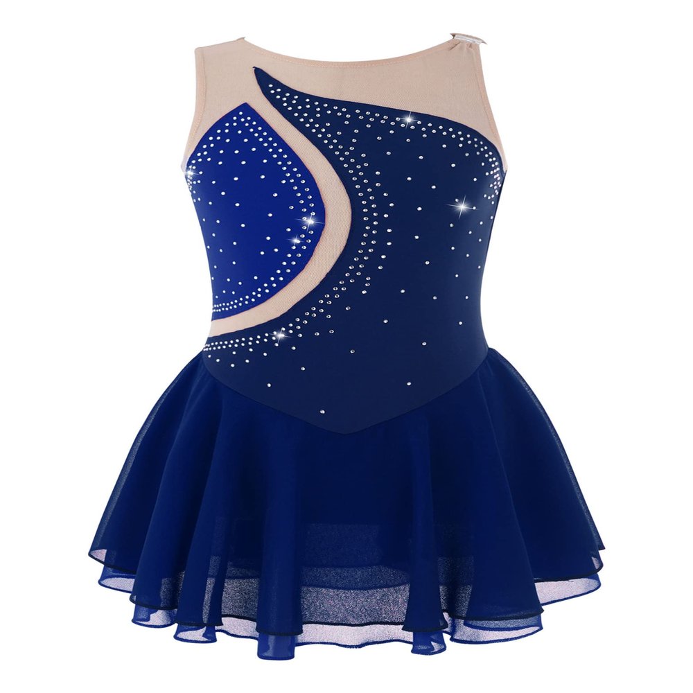 Daenrui Kids Girls Ice Figure Skating Dress Leotard Sparkle Rhinestone Sleeveless Mesh Splice Tutu Skirts Dancewear Darkblue 12 Years