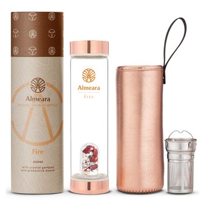 Almeara Crystal Water Bottle with Authentic Red Jasper Stones & Clear Quartz Removable Gemstones, Loose Leaf Tea Infuser - Relaxation, Healing & Spiritual Gifts for Women - Witchcraft Supplies