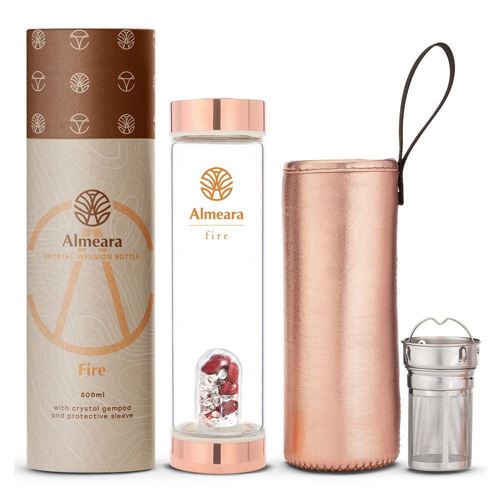 Almeara Crystal Water Bottle with Authentic Red Jasper Stones & Clear Quartz Removable Gemstones, Loose Leaf Tea Infuser - Relaxation, Healing & Spiritual Gifts for Women - Witchcraft Supplies