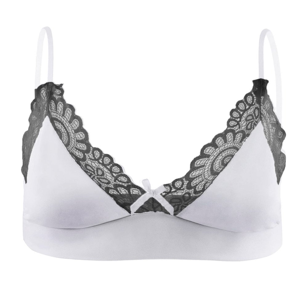 ABAFIP Men's Sissy Lingerie Lace Underwear Frilly Trim Strappy Bra Top/Bowknot Low Waist Sheer Lace Mesh Panties Triangle Bikini Briefs Underpants Crossdressing Nightwear White + Black 3X-Large