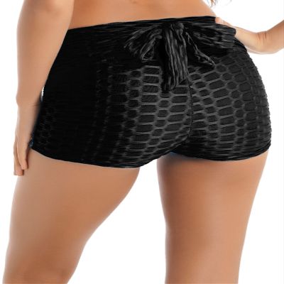 Hansber Women's Butt Lifting Yoga Shorts Bowknot Back Booty Textured Shorts Tummy Control Beach Hot Pants Black Small