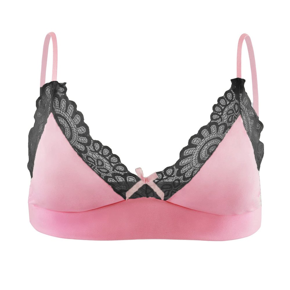 ABAFIP Men's Sissy Lingerie Lace Underwear Frilly Trim Strappy Bra Top/Bowknot Low Waist Sheer Lace Mesh Panties Triangle Bikini Briefs Underpants Crossdressing Nightwear Dark Pink - bra X-Large