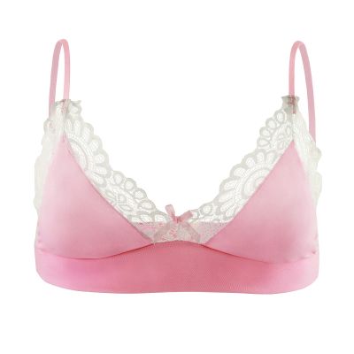 ABAFIP Men's Sissy Lingerie Lace Underwear Frilly Trim Strappy Bra Top/Bowknot Low Waist Sheer Lace Mesh Panties Triangle Bikini Briefs Underpants Crossdressing Nightwear Pink - bra Small