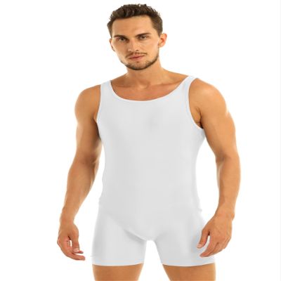 CHICTRY Men's One Piece Sleeveless Leotard Tanks Bodysuit Workout Fitness Wrestling Singlets Shorts Jumpsuit White Medium