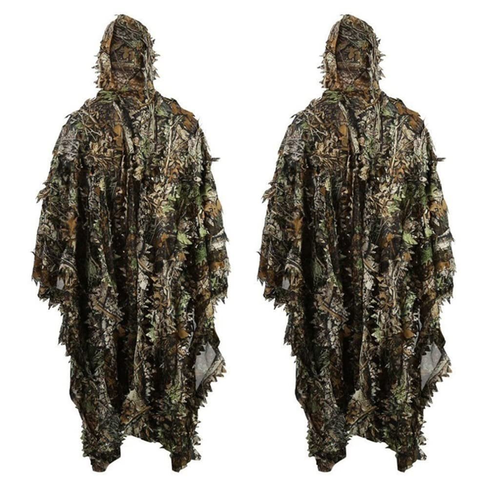 3D Hunting Gilly Suits Leafy Camo Clothes Ghillie Suits for Men Costume Hooded Poncho Uniforme Militar for Outdoor Woodland Forest Jungle Shooting-2PCS