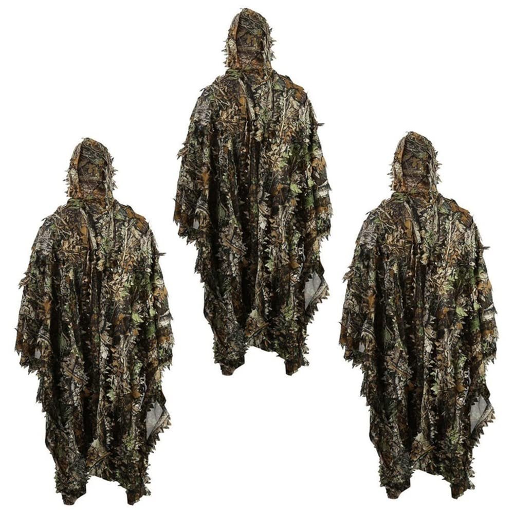 3D Hunting Gilly Suits Leafy Camo Clothes Ghillie Suits for Men Costume Hooded Poncho Uniforme Militar for Outdoor Woodland Forest Jungle Shooting-3PCS