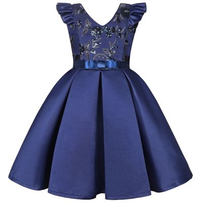 AIMJCHLD Big Girls Ruffle A-Line Rustic Flower Dress Tea Length Party Wedding Pageant Ball Gowns Sundress Bridesmaid Formal Fancy Graduation Dresses Size 7 8 Years (Navy Blue 140)