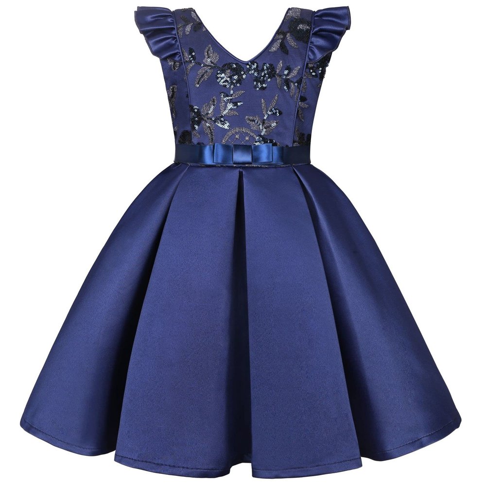 AIMJCHLD Big Girls Ruffle A-Line Rustic Flower Dress Tea Length Party Wedding Pageant Ball Gowns Sundress Bridesmaid Formal Fancy Graduation Dresses Size 7 8 Years (Navy Blue 140)