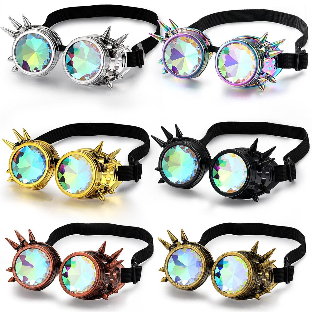 Yunsailing 6 Pack Rainbow Rave Steampunk Goggles Spiked Kaleidoscope Crystal Lenses Glasses for Festival Cosplay Accessories