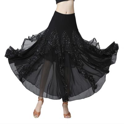 Honeystore Women's Sequins Latin Dance Skirt Long 1920s Waltz Ballroom Costume 2868-Black
