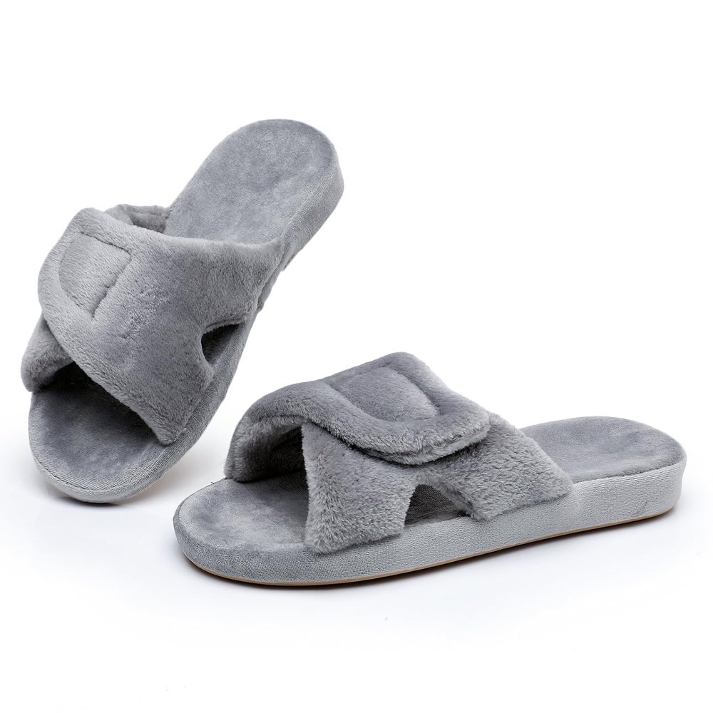 Women's Adjustable Diabetic Slippers Memory Foam House Shoes Cozy Arch Support Orthotic Heel Cup Arthritis Edema Slippers Non Slip Rubber Sole, Open Toe Fuzzy Slide Sandals for Ladies, Grey 6.5/7.5