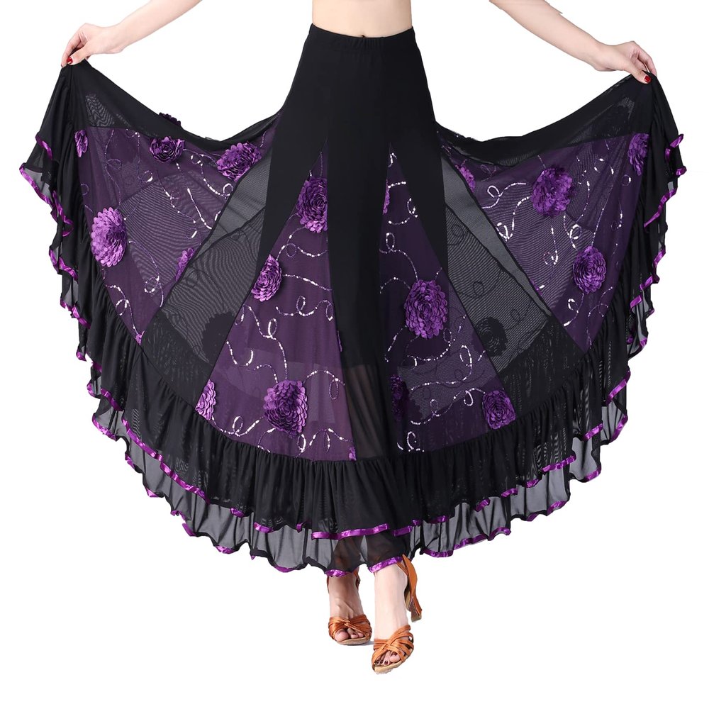 Honeystore Women's Long Flower Latin Dance Skirts Swing Ballroom Party Waltz Dress 2818-Grape