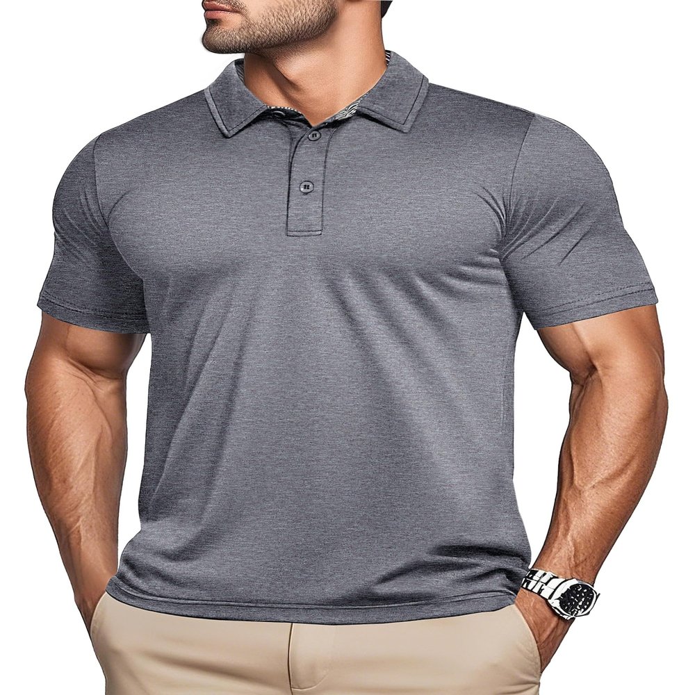 MAGCOMSEN Men's Polo Shirts Short Sleeve Athletic Performance Moisture Wicking Golf Fitted Business Casual Collared Shirts Dark Grey