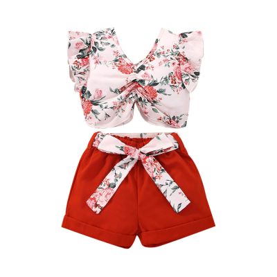 Toddler Girls Sleeveless Floral Prints Ruffles Vest Tops and Shorts Outfits Blanket Girl with Headband (Red, 18-24 Months)