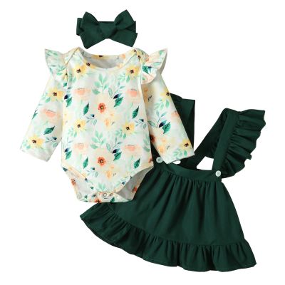 Newborn Infant Baby Girls Clothes Long Sleeve Floral Romper Tops Ruffle Suspender Skirt Set New Baby Gift Set (Green, 3-6 Months)