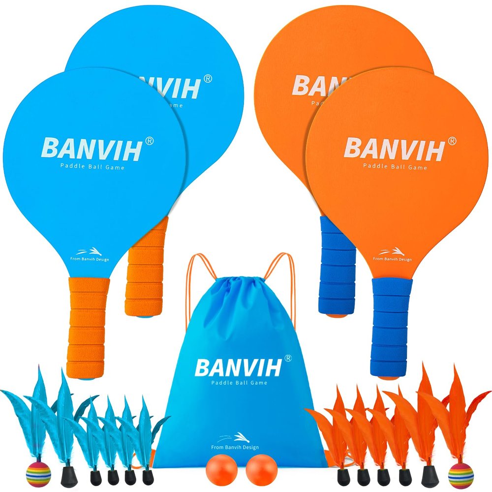 Banvih Badminton Set with 4 Rackets & Paddle Ball Outdoor Yard Beach Lawn Camping Games, Great Easter Basket Stuffers for Kids Teens Adults Family, Fun Summer Sports Toys