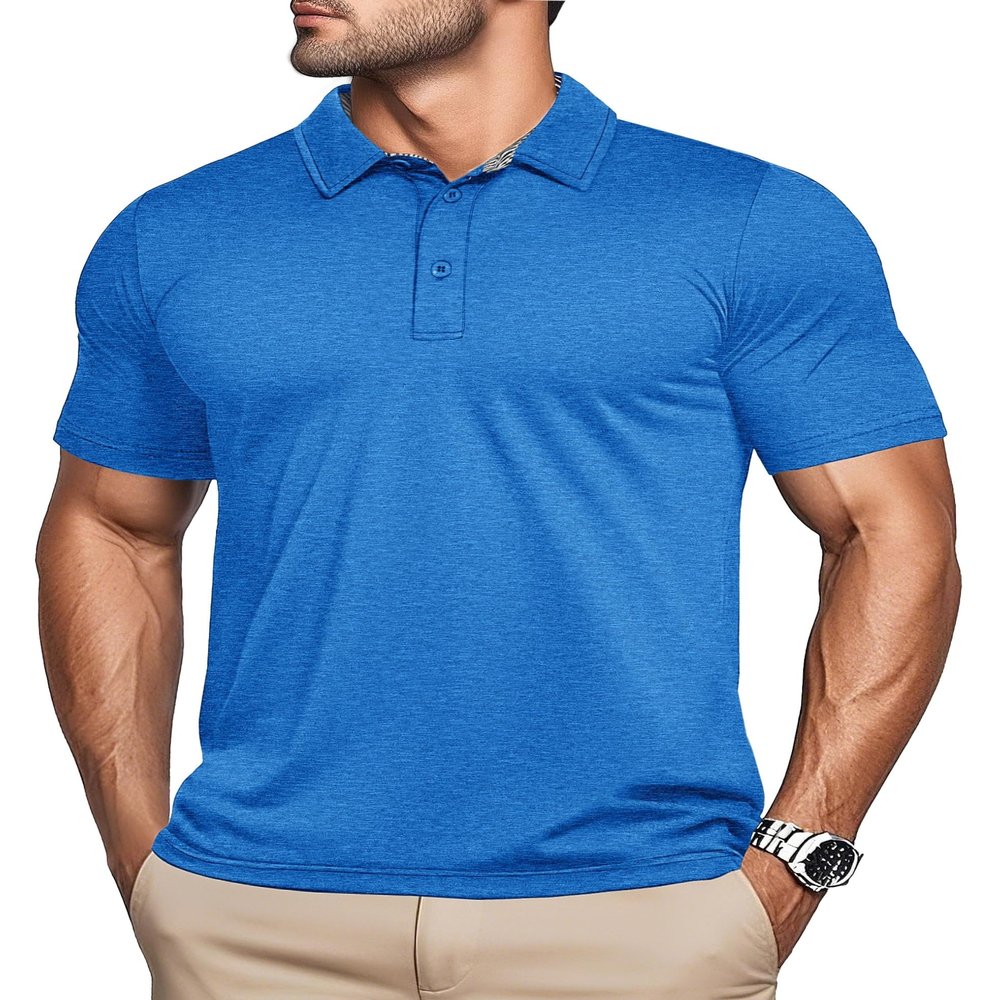 MAGCOMSEN Men's Polo Shirts Short Sleeve Athletic Performance Moisture Wicking Golf Fitted Business Casual Collared Shirts Sea Blue