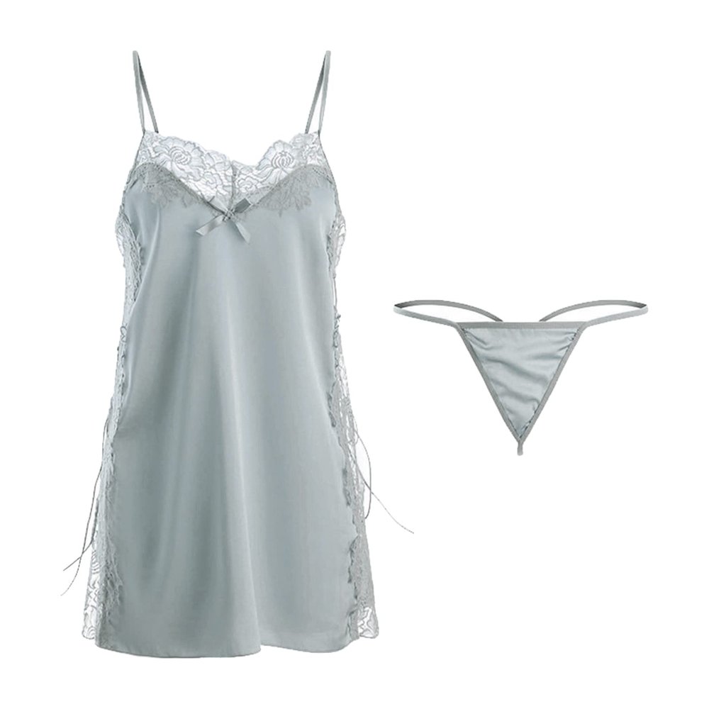 Maiyifu-GJ Women Satin Lace Babydoll Lingerie Sexy Side Slit Chemise Nightwear Full Slips Exotic Strappy Bridal Sleepwear (Light Blue,One Size)