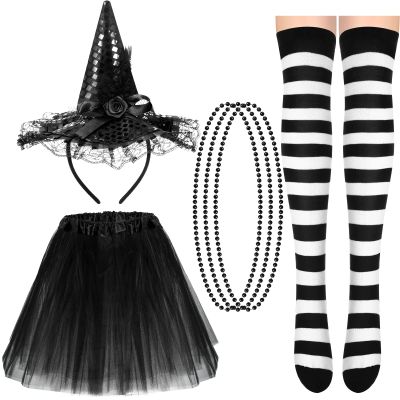 Jeere Halloween Witch Hat and Tutu Skirt Costume Set, Halloween Witch Sequins Headbands Tutu Skirt Black and White Striped Thigh High Socks for Women Halloween Cosplay Party