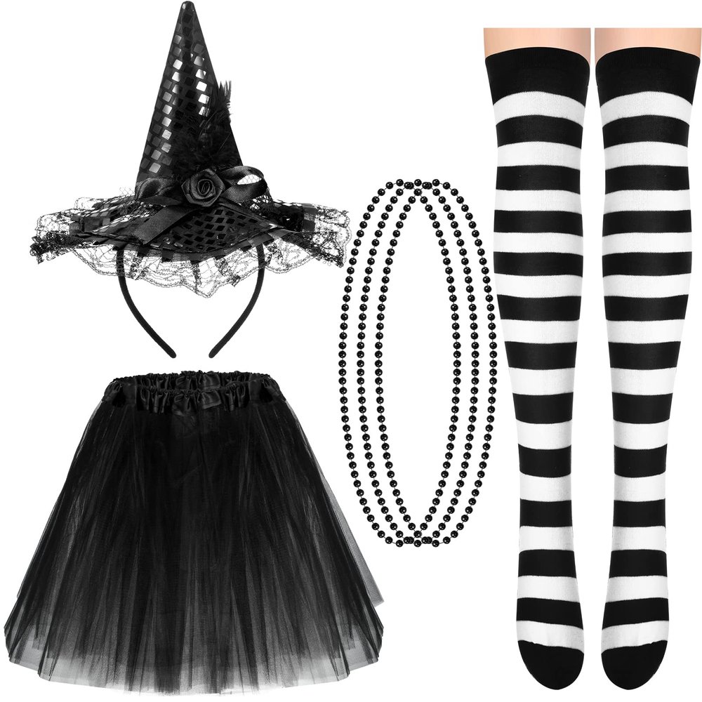 Jeere Halloween Witch Hat and Tutu Skirt Costume Set, Halloween Witch Sequins Headbands Tutu Skirt Black and White Striped Thigh High Socks for Women Halloween Cosplay Party