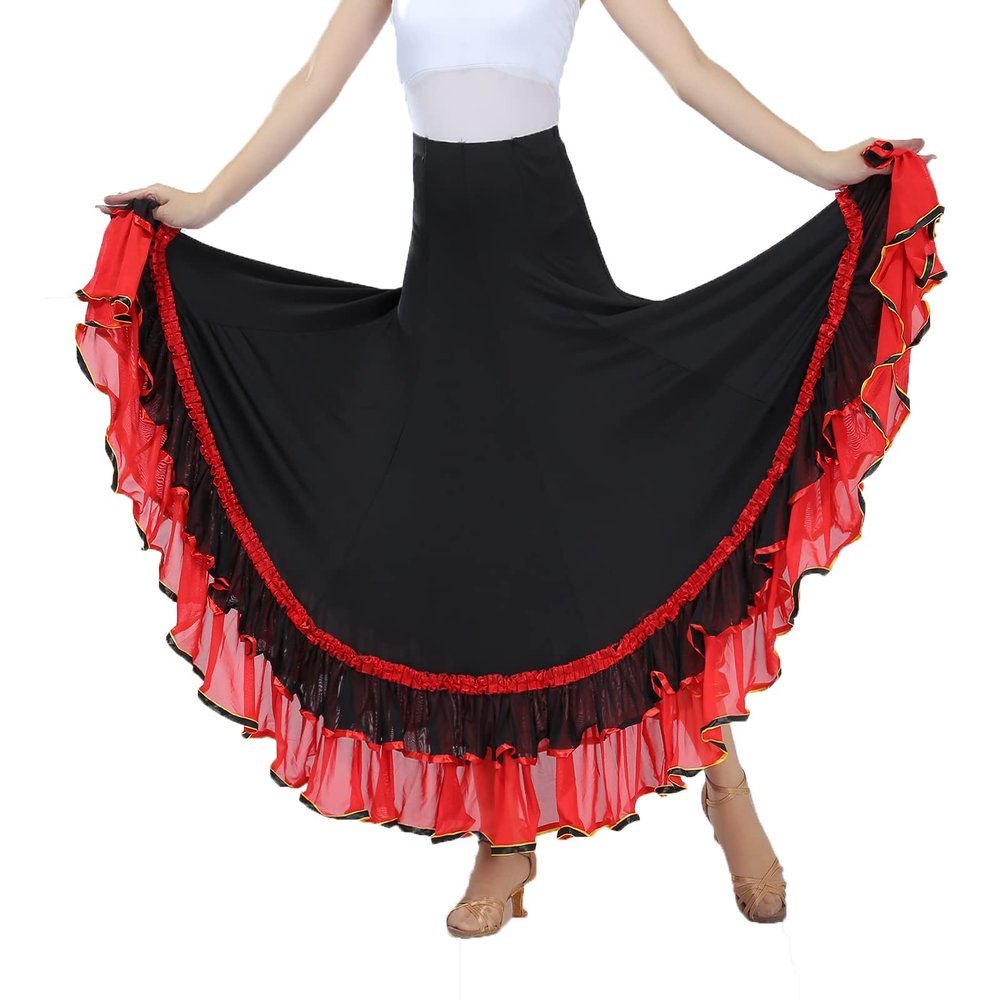 Honeystore Women's Ballroom Dance Skirt Long Swing Waltz Latin Belly Dance Dresses 2559-Black-Red