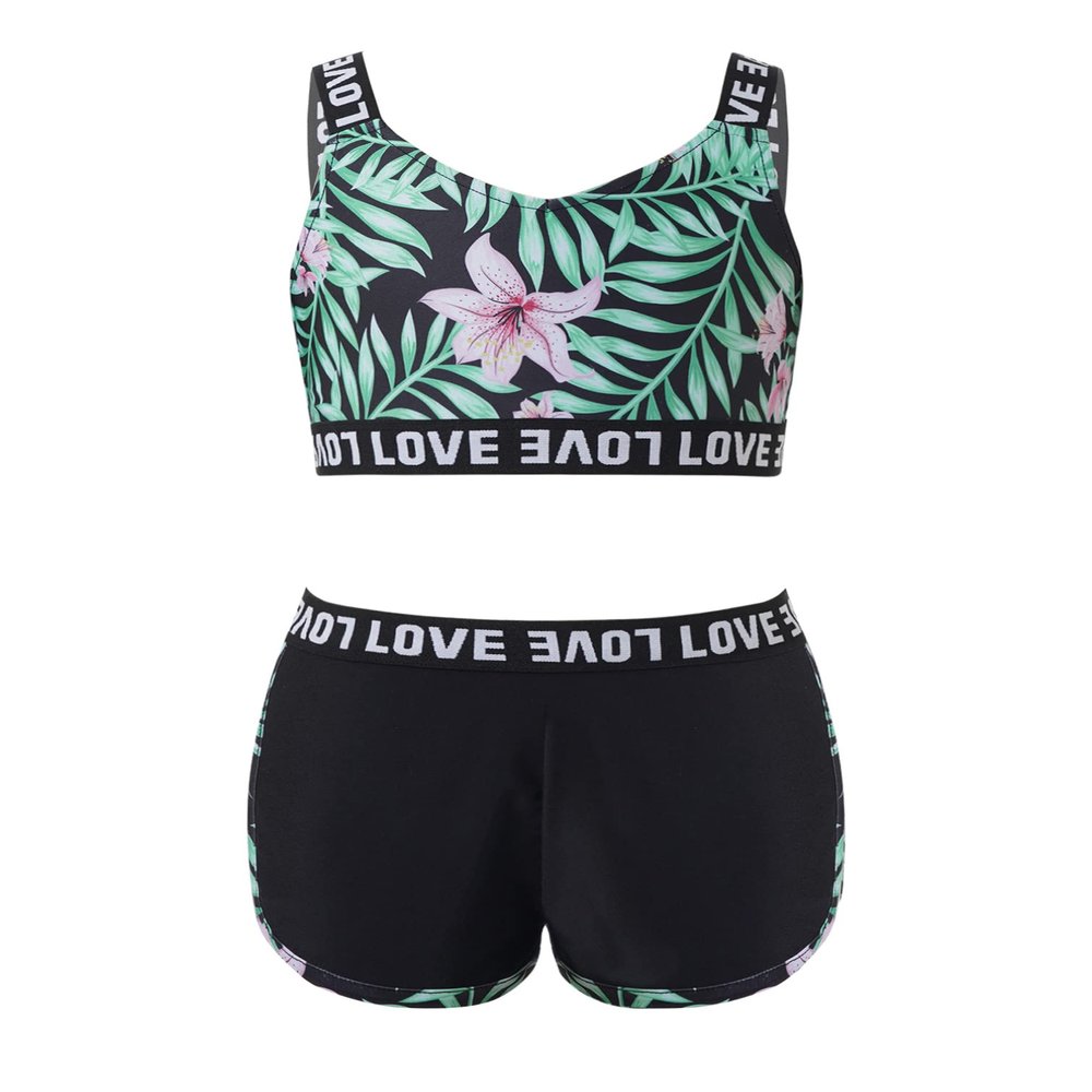 iiniim Kids Girls Sport Dance Outfit Floral Print Crop Top Bottoms 2 Piece Athletic Swimwear Swimsuit Black 4 Years