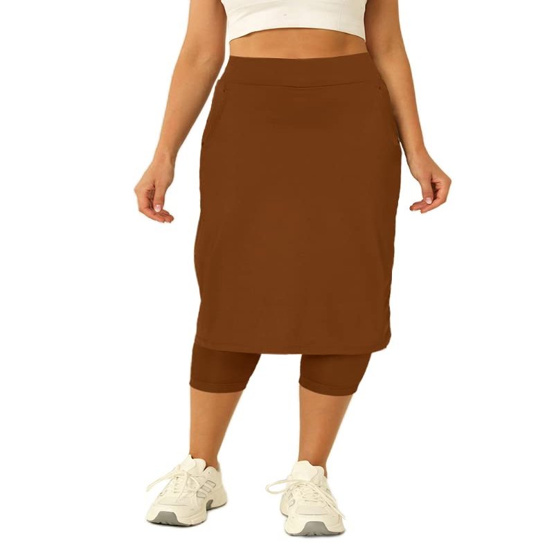 Aurgelmir Womens Tennis Skirt with Capris Leggings Golf Knee Length Skorts Athletic Long Skirts for Women with Pockets Brown