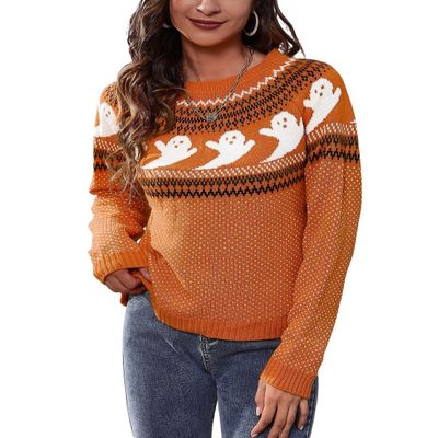 chouyatou Women's Vintage Fair Isle Ghost Pattern Crewneck Knitted Pullover Sweater (Medium, Orange)
