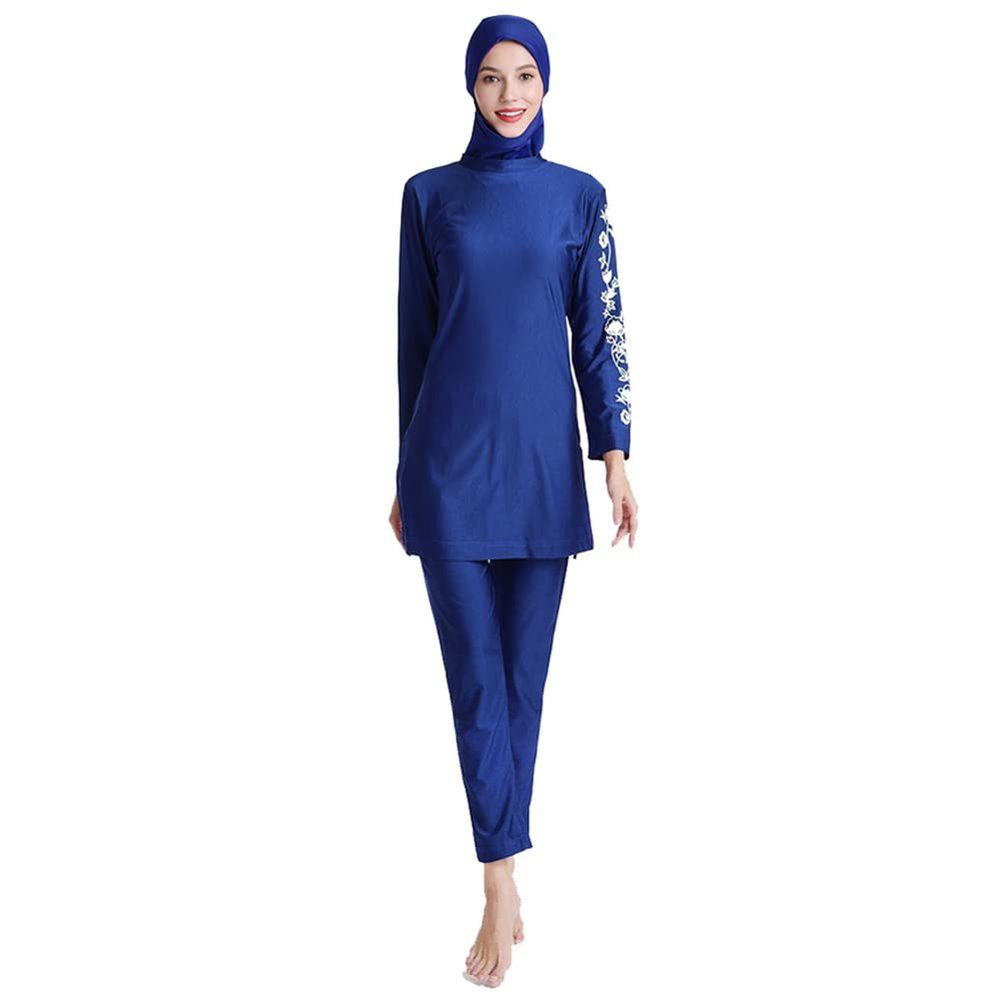 Muslim Swimsuits for Women Modest Islamic Burkini Swimwear Full Cover Hijab Long Sleeve Muslim Dress Tops Pants Set with Swim Cap Sun Protection Rash Guard Shirt Bathing Suits Royal Blue - Floral S