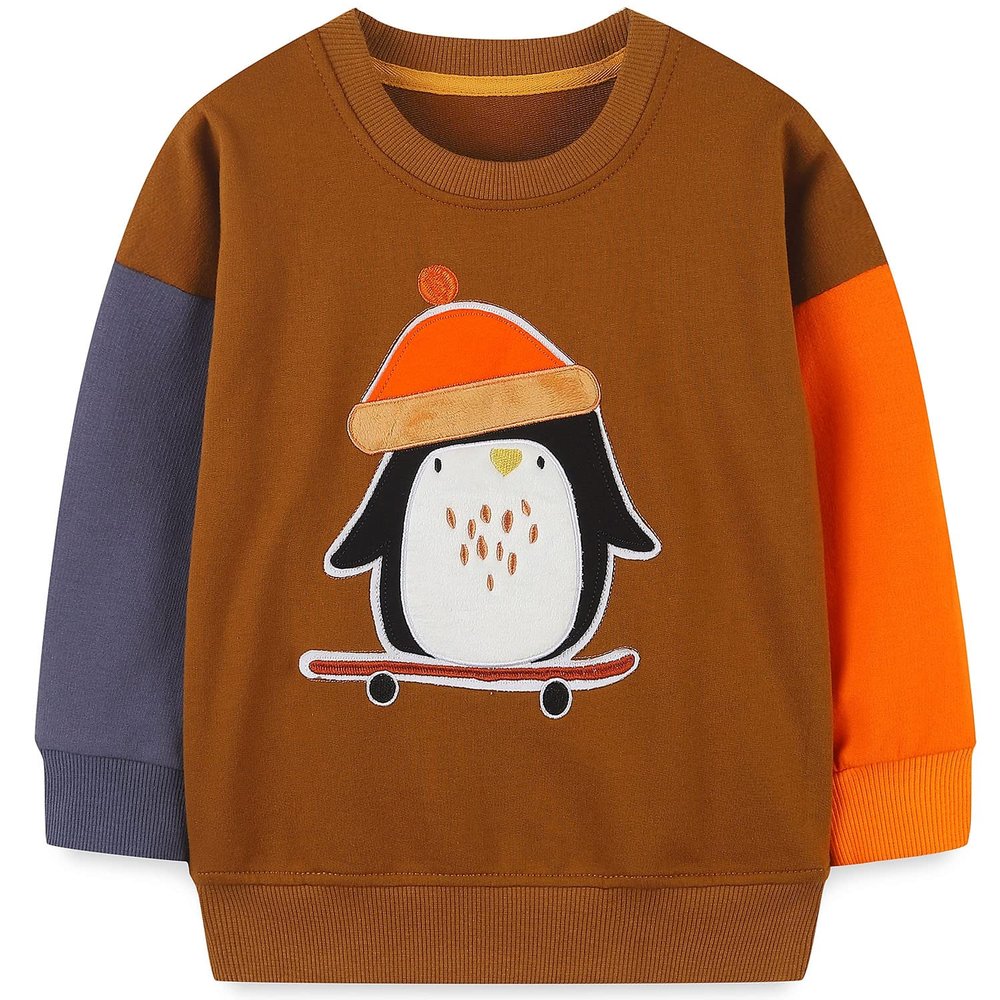 Bumeex Toddler Boy's Crewneck Sweatshirt,Long Sleeve Shirt Top Clothes Outfit Brown Penguin 4t