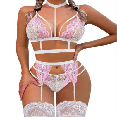Avidlove Lace Garter Lingerie Set with Removable Choker Teddy Babydoll Strappy Bra and Panty Set,White&Pink,XX-Large