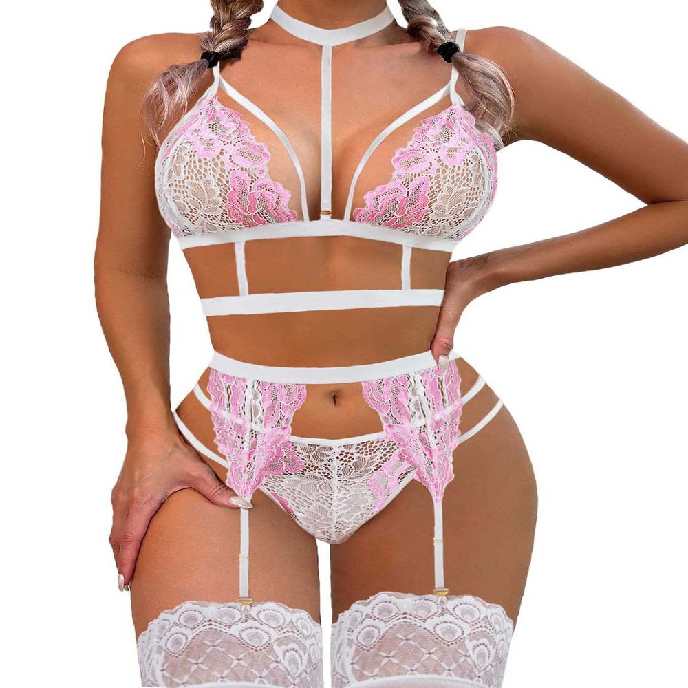 Avidlove Lace Garter Lingerie Set with Removable Choker Teddy Babydoll Strappy Bra and Panty Set,White&Pink,XX-Large