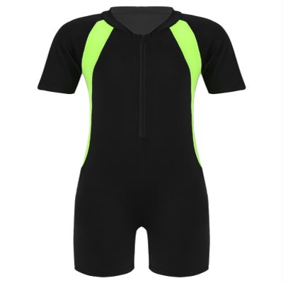 Venjoe Kids Boys Girls One-Piece Thermal Swimsuit Shorty Wetsuit Short Sleeves Zipper Rashguard Bathing Suit Black Yellow 12-14 Years