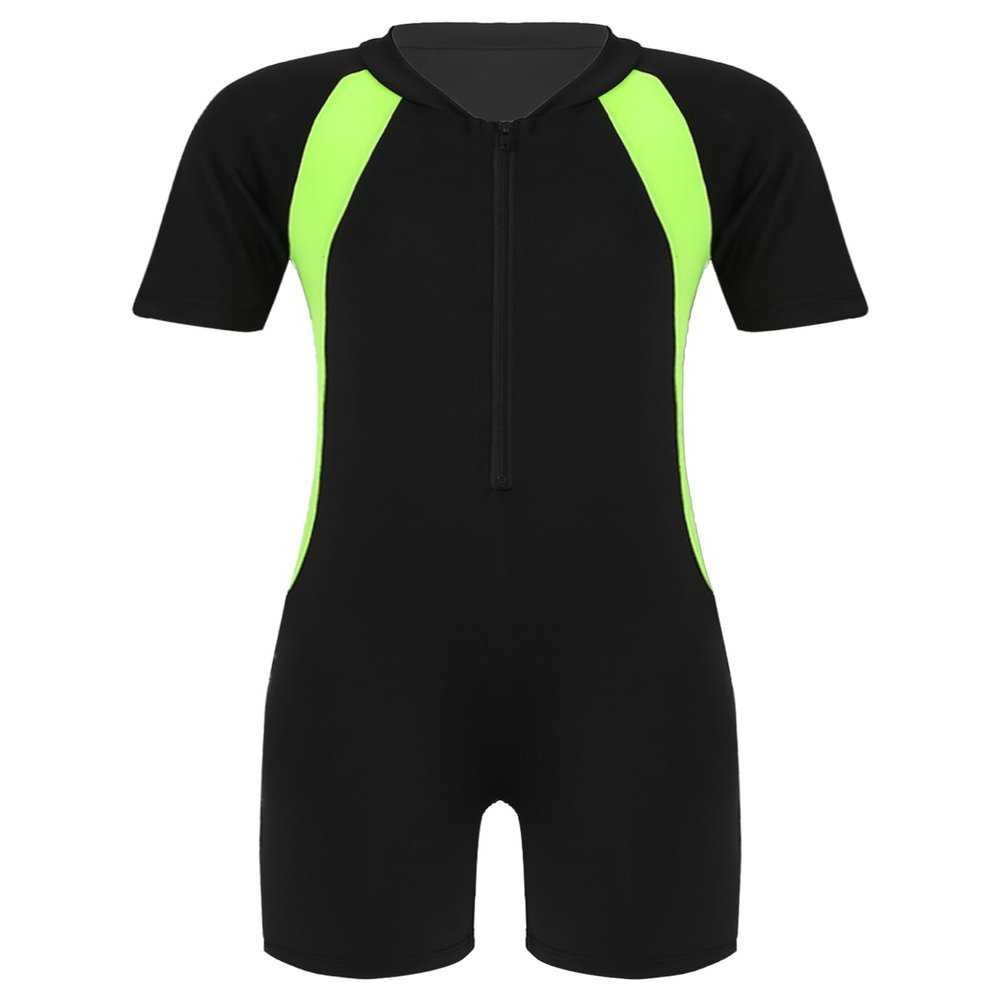 Venjoe Kids Boys Girls One-Piece Thermal Swimsuit Shorty Wetsuit Short Sleeves Zipper Rashguard Bathing Suit Black Yellow 12-14 Years