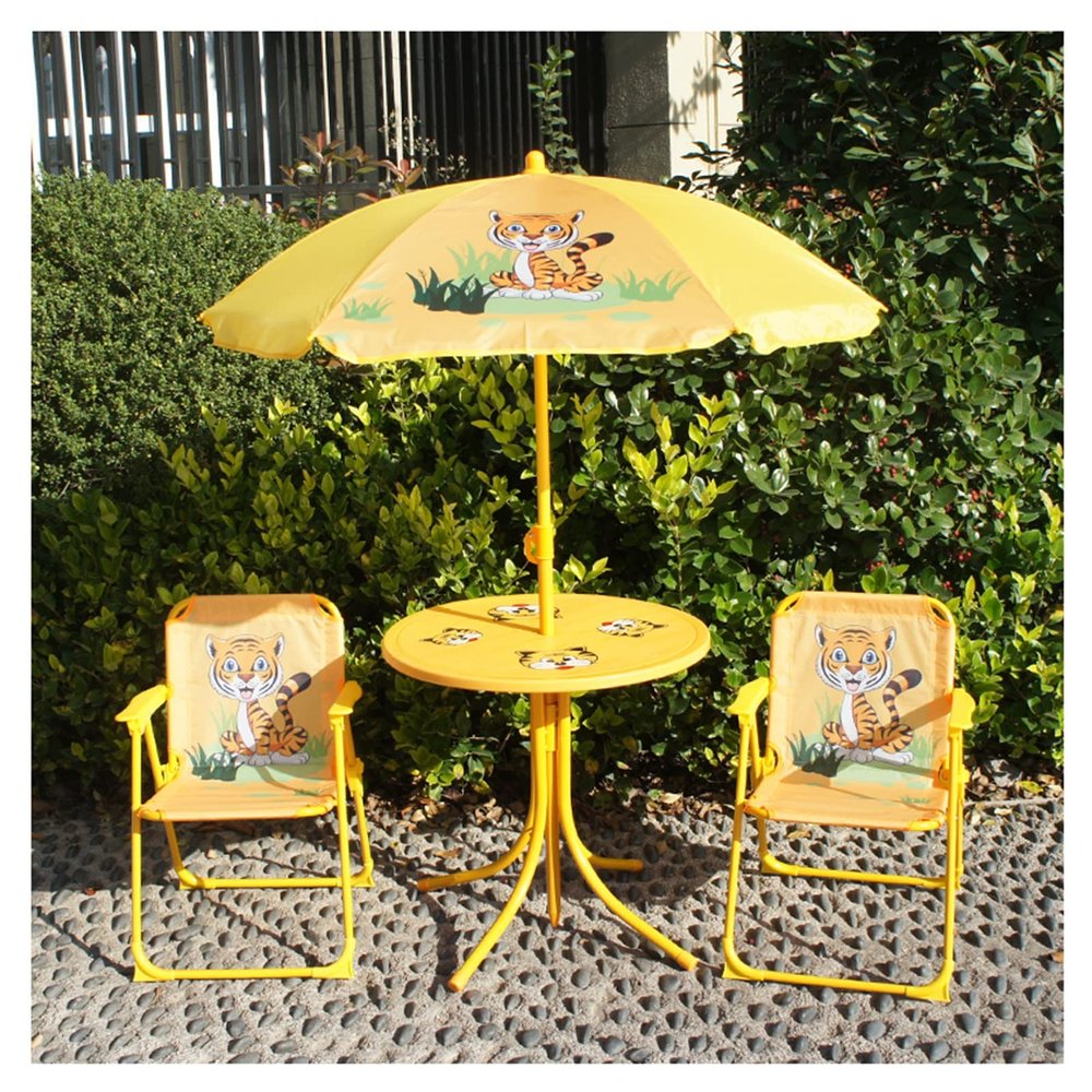Kids Camping Chair Cartoon Kids Portable Table and Chair Set, Outdoor Children's Beach Chair with Table and Sunshade Umbrella - Set of 4, Easy Assembly