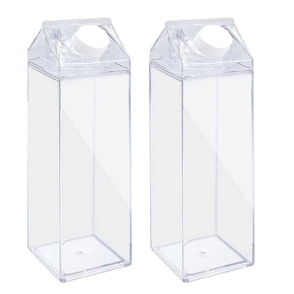 2 Pack 17oz/500ml Milk Carton Water Bottle Plastic Milk Box BPA Free Child Friendly Reusable Milk Carton Shaped Water Bottle Leakproof Juice Tea Jug for Travelling Sports Camping Outdoor Activities