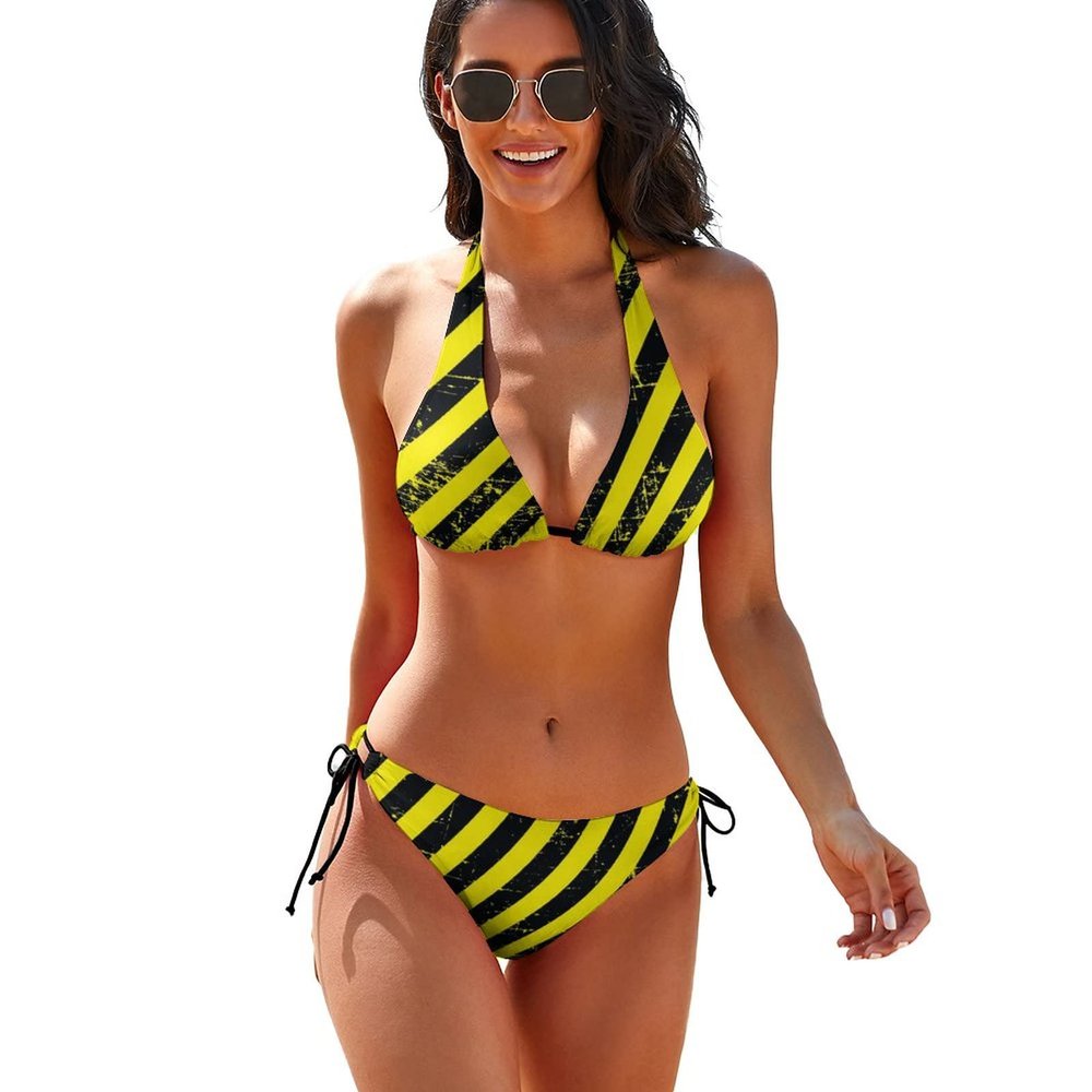 Caution Tape Printed Two Piece Bikini Set Triangle Strap Halter Swimsuit for Women