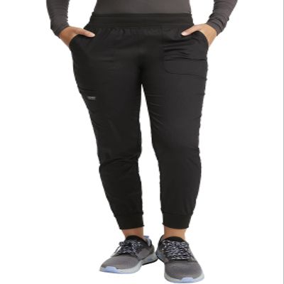 Cherokee Women's Scrub Jogger Pants Modern Classic Fit Mid Rise Bottom with 5 Pockets, Elastic Knit Waistband - WW115P, L Petite, Black